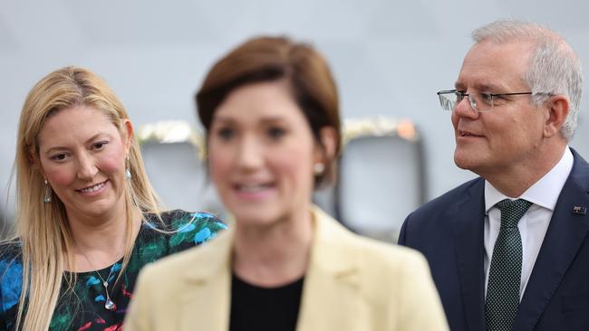 Prime Minister Scott Morrison with Boothby candidate Rachel Swift and retiring MP Nicolle Flint. Picture: NCA NewsWire / David Mariuz