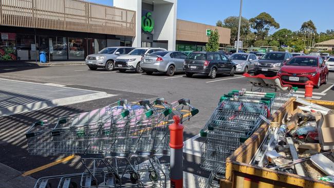 Dumped trolleys near the entrance of Croydon Civic Square Shopping centre, which doesn't have a collection bay in the carpark. Picture: Kiel Egging.