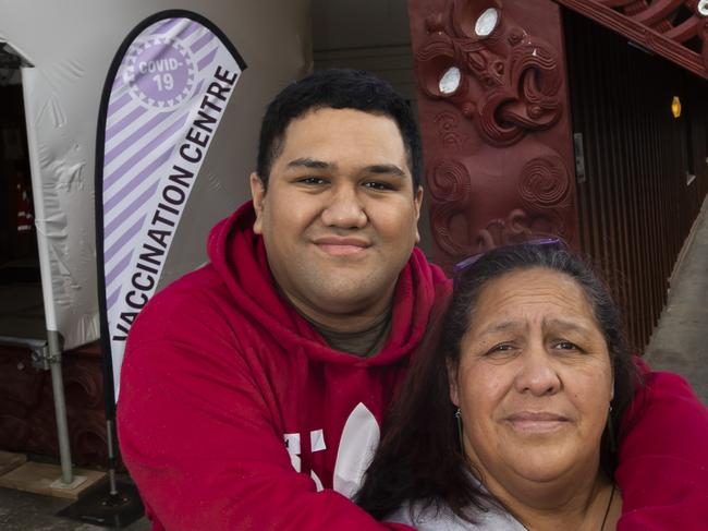 Receiving their Pfizer Covid-19 vaccination - Cynthia Tubby with her son Raymond Rudolph pictured at Manurewa Marae, South Auckland, New Zealand.   10  August  2021   Photo: Brett Phibbs / The Australian