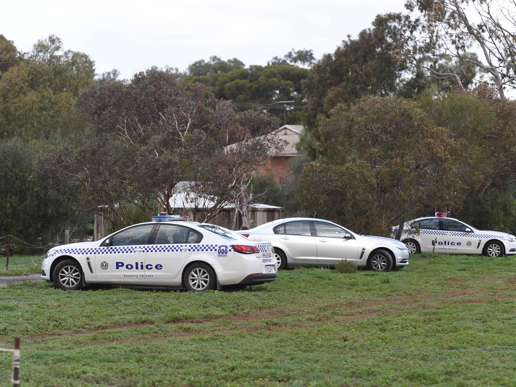 Police at the house in Hillier, in Adelaide’s north, on the day the three bodies were found. Picture: Sam Wundke