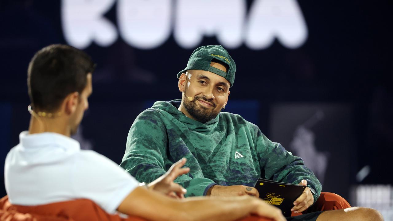 Novak Djokovic and Nick Kyrgios pictured on Rod Laver Arena. Picture: Mark Stewart.