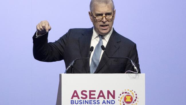 FILE - In this file photo dated Sunday, Nov. 3, 2019, Britain's Prince Andrew, the Duke of York, delivers a speech in ASEAN Business and Investment Summit (ABIS) in Nonthaburi, Thailand. Britain's Prince Andrew said Wednesday Nov. 20, 2019, that he is stepping back from public duties with the queen's permission. (AP Photo/Sakchai Lalit, FILE)