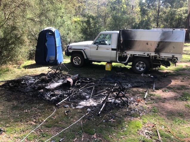Russell Hill and Carol Clay’s fire-damaged campsite. Picture: Supreme Court of Victoria