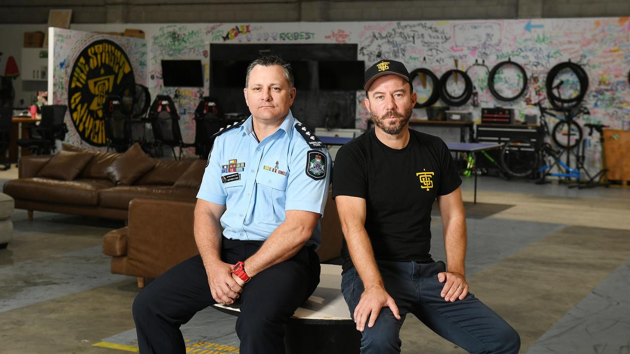 Officer in Charge of Kirwan Police Station Matty Lyons and Matt Noffs, CEO Ted Noffs Foundation at Street Universities where they are working together on a groundbreaking new program targeting kids who are 'addicted to the high' they get when stealing cars. Picture: Shae Beplate.