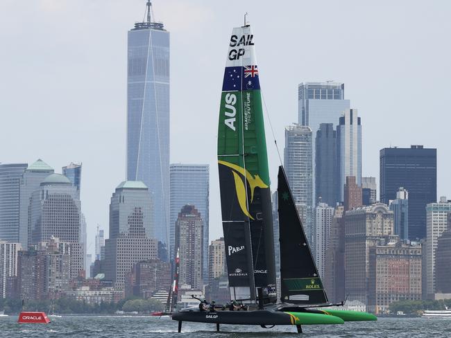 NEW YORK, NEW YORK - JUNE 23: Team Australia competes during day two of competition of SailGP New York on June 23, 2024 in New York City. (Photo by Luke Hales/Getty Images)