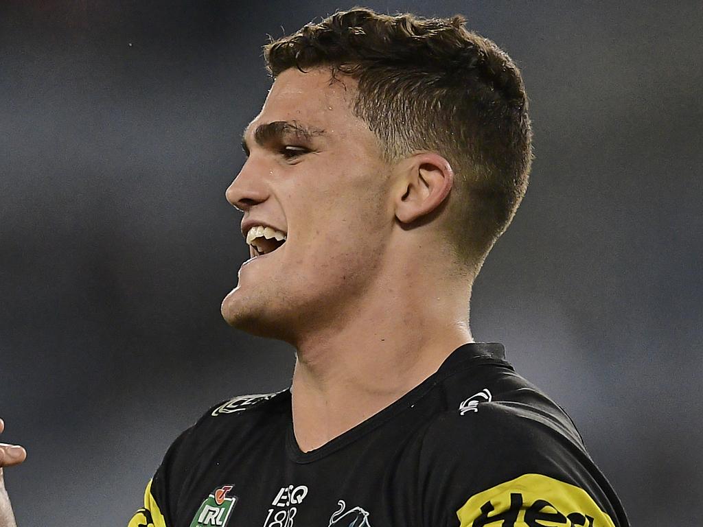 SYDNEY, AUSTRALIA - SEPTEMBER 08: Nathan Cleary of the Panthers and Christian Crichton of the Panthers celebrate victory during the NRL Elimination Final match between the Penrith Panthers and the New Zealand Warriors at ANZ Stadium on September 8, 2018 in Sydney, Australia.  (Photo by Brett Hemmings/Getty Images)