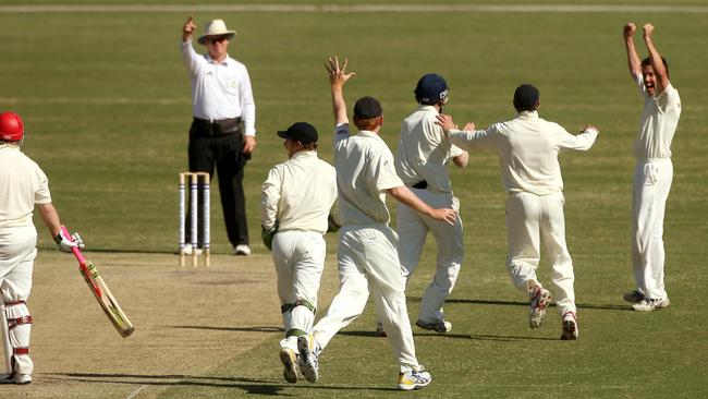 Pura Cup match South Australia vs. Victoria at the Adelaide Oval. Mark Cosgrove of SA stares at umpire Bruce Oxenford after being given out after a strong appeal.