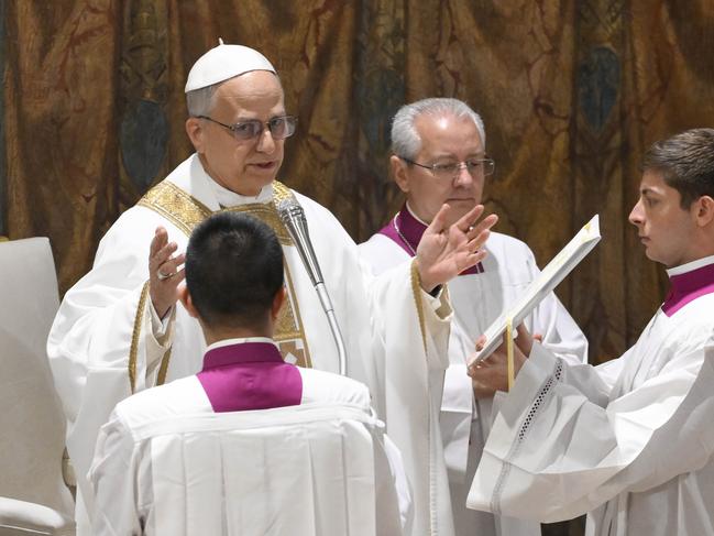 Newly elected Pope Leo XIV celebrates mass with the College of Cardinals. Picture: Vatican Media via AP