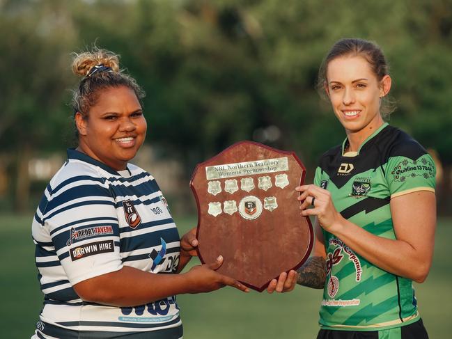 2020 NRL NT Women's Grand Final grand final captains Bianca Scrymgour from Sistaz and Palmerston's Simone Garner. Picture: GLENN CAMPBELL