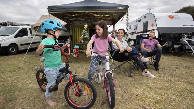 Rebecca Cole and Stewart Wines with kids Coen and Edie. Picture: David Geraghty