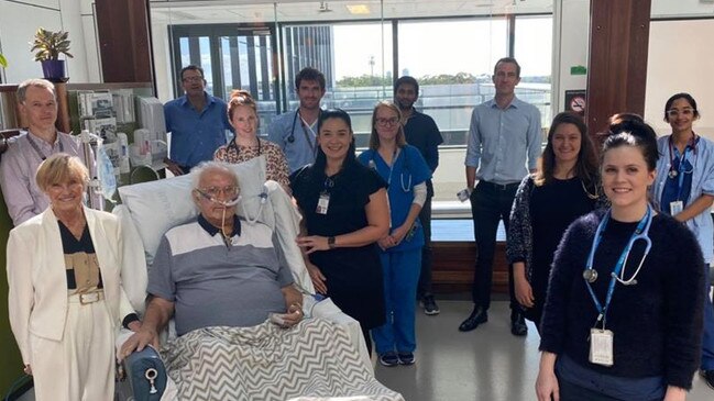 Richard Misior with Gold Coast University Hospital staff after 77 days in intensive care. Picture: Gold Coast Health.