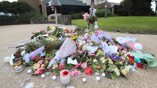 Flowers and tributes laid at the Cultural Centre in Cowes, Phillip Island, for Samantha Fraser. Picture: Alex Coppel