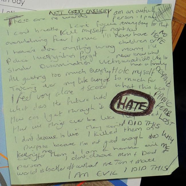 A handwritten note from Letby stating that she “did this” and was “evil”. Picture: Cheshire Constabulary / AFP