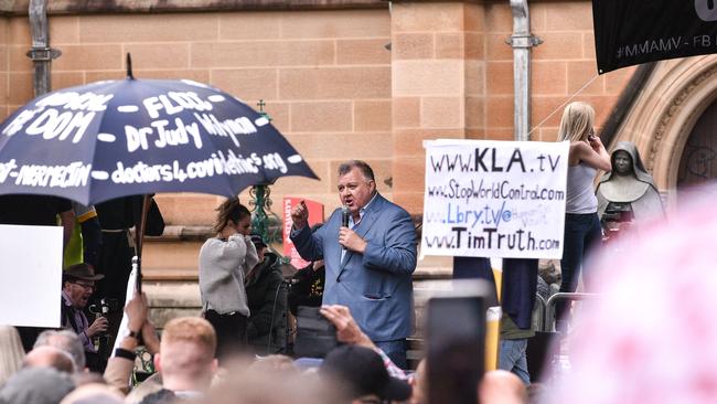 MP Craig Kelly speaks at the rally in Sydney. Picture: NCA NewsWire/Flavio Brancaleone