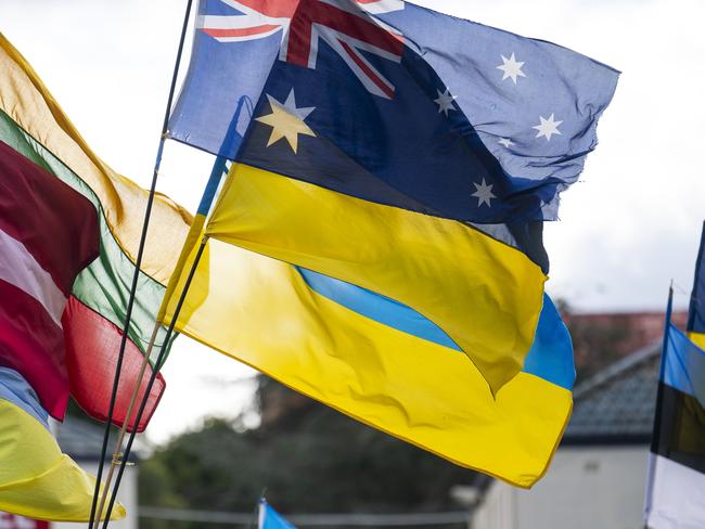 CANBERRA, AUSTRALIA, NewsWire Photos. JUNE 24, 2023: Protestors from the Friends of Ukraine group outside the Russian Embassy in Canberra. Picture: NCA NewsWire / Martin Ollman