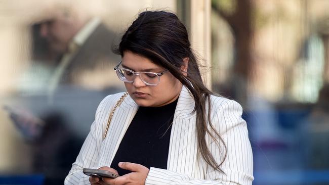 Sakshi Agrawal arrives at County Court for a plea, after she fled the scene of a hit run after hitting her with her Tesla. Picture: NCA Newswire / Nicki Connolly