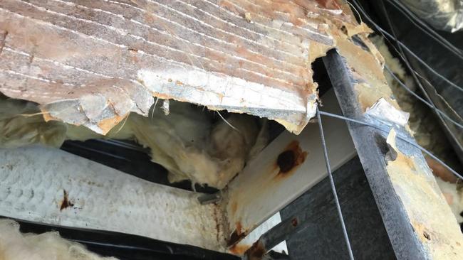 Roof damage above the 25-metre lap pool at the Doone Kennedy Hobart Aquatic Centre. The Hobart City Council, which owns and manages the facility, is calling for $7m in federal funding to fix the roof of the centre. Picture: Supplied