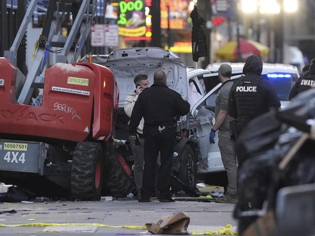 Emergency services attend the scene on Bourbon Street after a vehicle drove into a crowd on New Orleans' Canal and Bourbon Street, Wednesday Jan. 1, 2025. Picture: AP