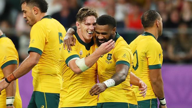 Marika Koroibete and Michael Hooper at last year’s World Cup. Picture: Dan Mullan/Getty