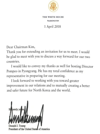 A letter from Donald Trump to Kim Jong-un. Picture: Supplied