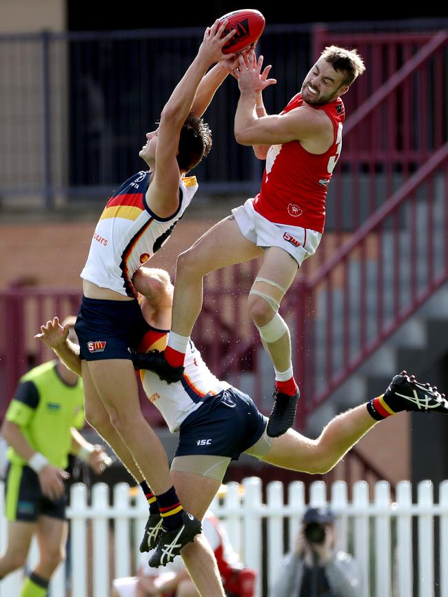 North Adelaide skipper Max Thring flies for a mark over Crow Kyle Cheney. picture CALUM ROBERTSON