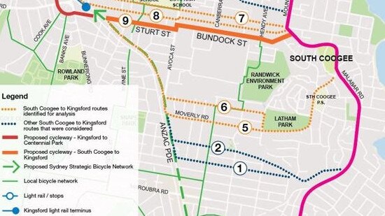 The proposed route of a cycleway between Coogee and Kingsford. Picture: Randwick Council