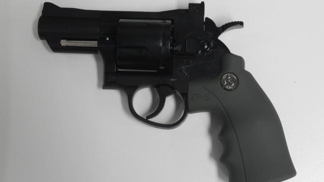 Strike Force Prendergast police officers investigating drug supply on the northern beaches, have allegedly found weapons, including this replica handgun, and a large amount of prohibited drugs. Picture: NSW Police