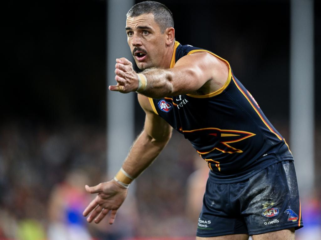 Taylor Walker has had to carry a back injury and the weight of Adelaide’s forward line in 2024. Picture: Mark Brake/Getty Images.