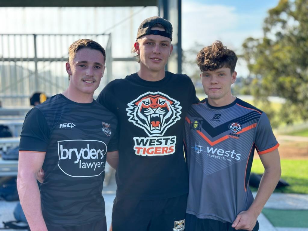 Zac Gibson, Luke Prebble and Cooper Mangan of the Macarthur Wests Tigers Laurie Daley Cup team. Picture: Contributed