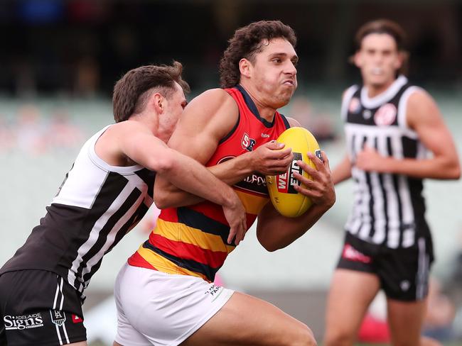 Saturday, 1st April, 2023 - SANFL Showdown. Port Adelaide v Adelaide Crows at the Adelaide Oval. Jack Madgen of the Adelaide Crows celebrates a goal Picture: Sarah Reed