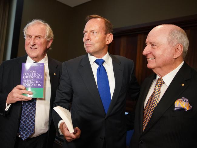 (L-R) Dr Kevin Donnelly, Former prime minister Tony Abbott and radio broadcaster Alan Jones are seen during the launch of a new book by Dr Kevin Donnelly at the Sofitel Wentworth Hotel in Sydney, Tuesday, November 20, 2018. (AAP Image/Ben Rushton) NO ARCHIVING