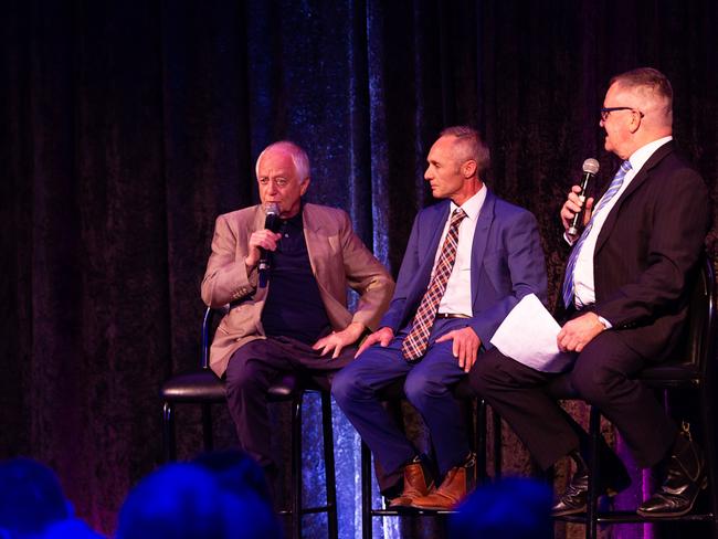 Melbourne Cup-winning jockeys Peter Cook (left) and Tony Allan (middle) on stage at the Gold Coast Turf Club's 2019 awards. Picture: Supplied.