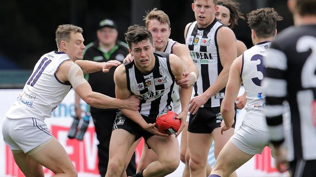 TSL PRELIMINARY FINAL, Glenorchy vs. Burnie, Blundstone Arena: Glenorchy's Tom Cleary wrapped up in a tackle Picture: LUKE BOWDEN