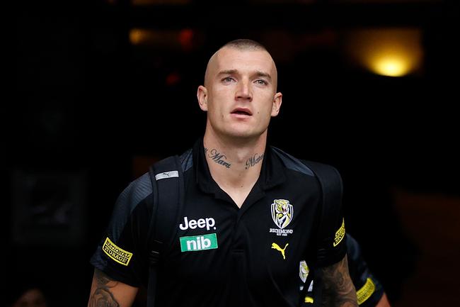 BRISBANE, AUSTRALIA - OCTOBER 24: Dustin Martin of the Tigers arrives during the 2020 Toyota AFL Grand Final match between the Richmond Tigers and the Geelong Cats at The Gabba on October 24, 2020 in Brisbane, Australia. (Photo by Michael Willson/AFL Photos via Getty Images)