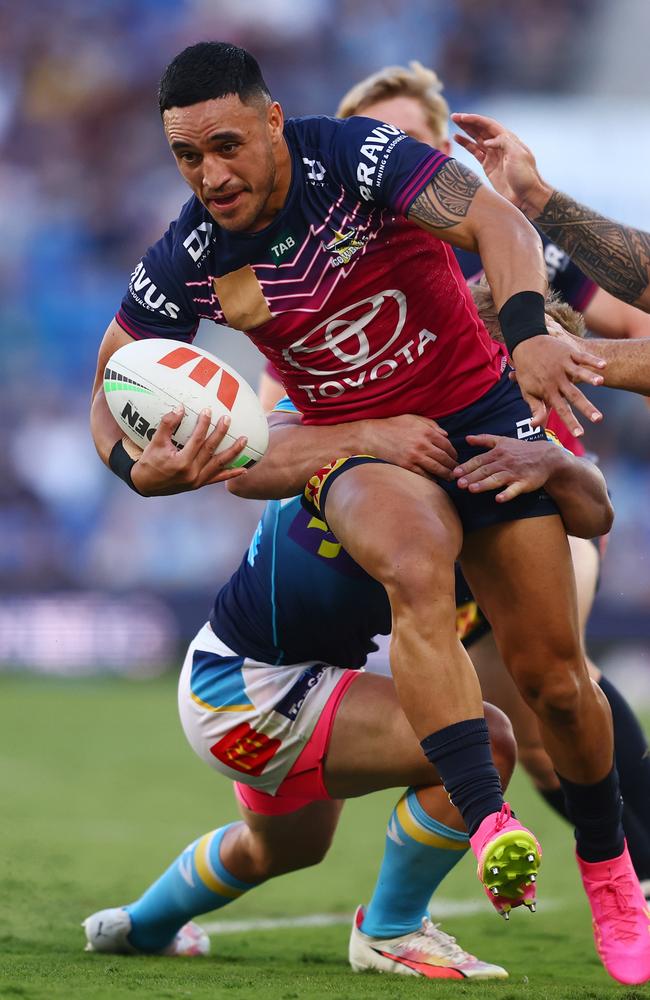 Valentine Holmes is tackled during round 22. (Photo by Chris Hyde/Getty Images)