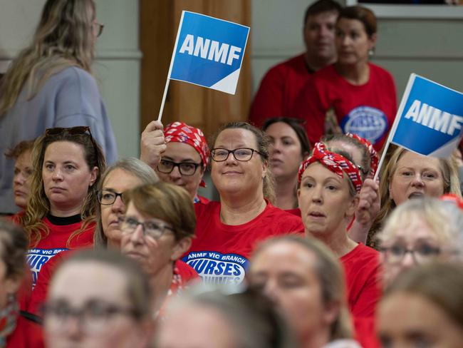 Geelong public sector nurses and midwives attending a statewide ANFM meeting at Geelong Trades Hall. Picture: Brad Fleet