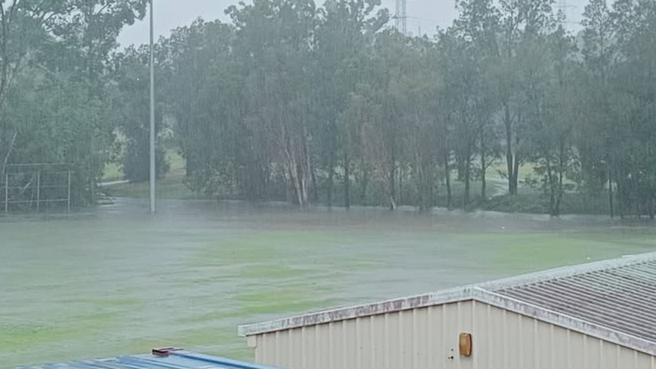 Flash flooding in Gympie on Monday at the One Mile Ovals soccer fields. Photo courtesy of Vickey Jessop.