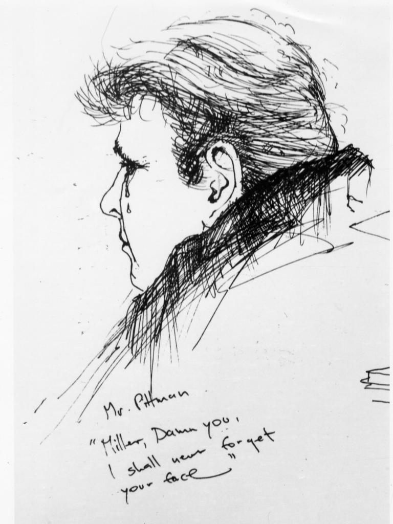 Sketch by artist Viktor Bohdan of Andreas Pittmann, father of Sylvia Pittman, weeping in court.