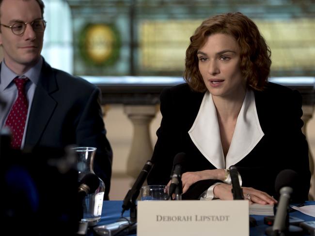 Deborah E. Lipstadt (Rachel Weisz) addresses the media in a scene from the film. Picture: Supplied