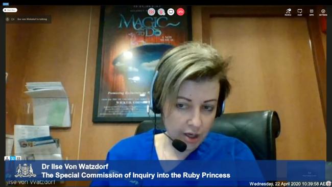 Ship Doctor Ilse Von Watzdorf gives evidence to the inquiry via video call from the docked ship in Port Kembla.