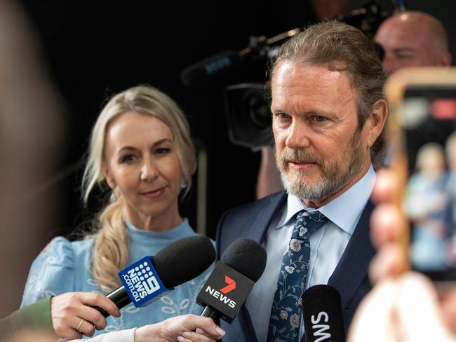 Craig McLachlan (right) was accompanied by partner Vanessa Scammell (left) at a press conference after he was found not guilty of indecent assaulting four female co-stars. Picture: NCA NewsWire/Bianca De Marchi