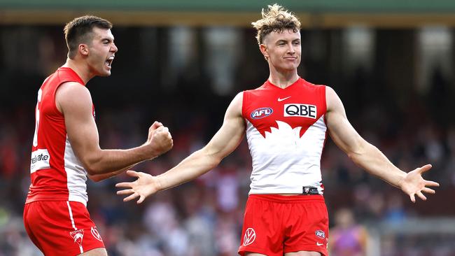 Sydney's Logan McDonald and Chad Warner in the win over Gold Coast. Picture: Phil Hillyard