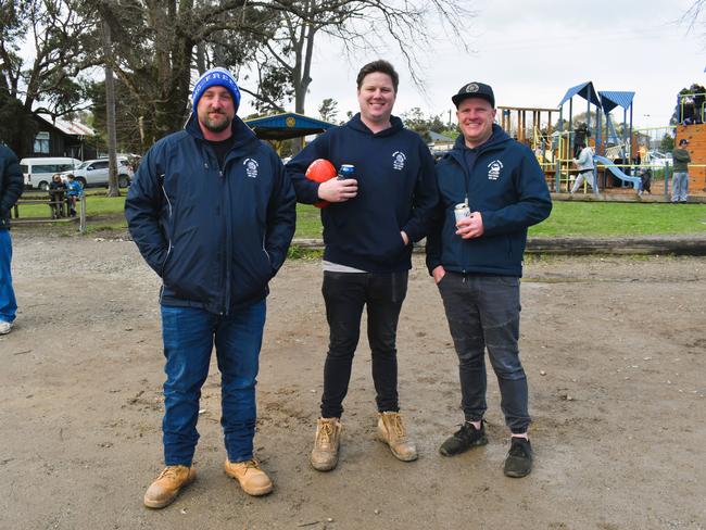 West Gippsland league grand final match 2024 — Phillip Island Bulldogs V Nar Nar Goon "The Goon" Football Club at Garfield Recreation Reserve on September 14, 2024: Tim Swan, Jayden Woolgar and Lucas Thomas. Picture: Jack Colantuono