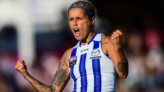 Moana Hope scores for the Kangaroos in the 2019 NAB AFLW Round 7 match against the Fremantle Dockers. Picture: AFL Media