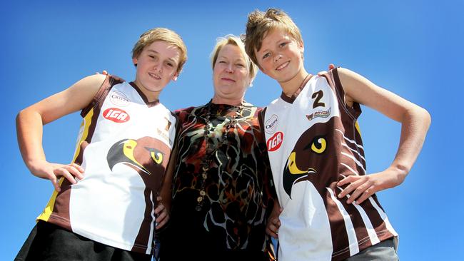 Prospect Hawks president Michelle Strickland with Prospect Hawks junior members Liam Markham, left, and Lochie Ranson.