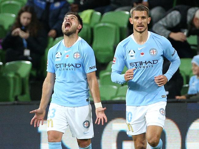 Bruno Fornaroli of Melbourne City (centre) celebrates a goal during the Round 4 A-League match between Melbourne City and the Wellington Phoenix at AAMI Park in Melbourne, Friday, November 9, 2018. (AAP Image/Hamish Blair) NO ARCHIVING, EDITORIAL USE ONLY