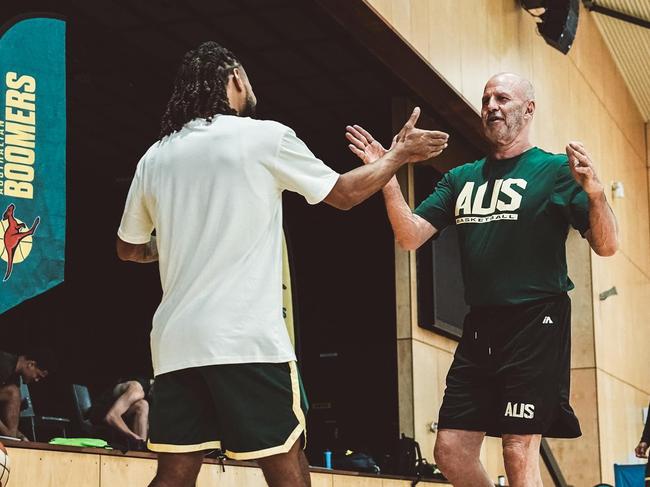 Boomers guard Patty Mills and coach Brian Goorjian at training in Cairns ahead of this year's FIBA basketball World Cup. Pic: Basketball Australia