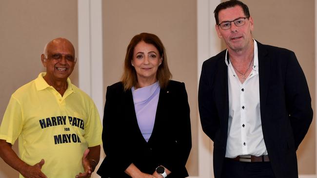 Mayoral debate at the The Ville. Mayoral candidates Harry Patel, incumbent Jenny Hill, and Troy Thompson. Picture: Evan Morgan