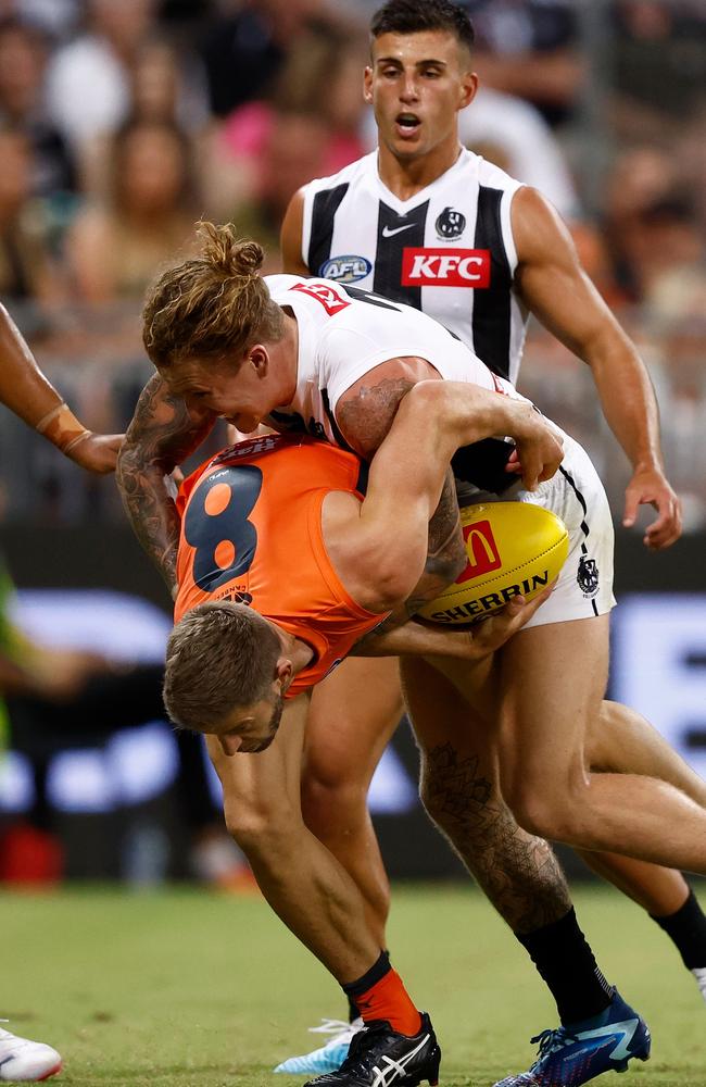 The Beau McCreery tackle that injured Callan Ward. Picture: Michael Willson/AFL Photos via Getty Images