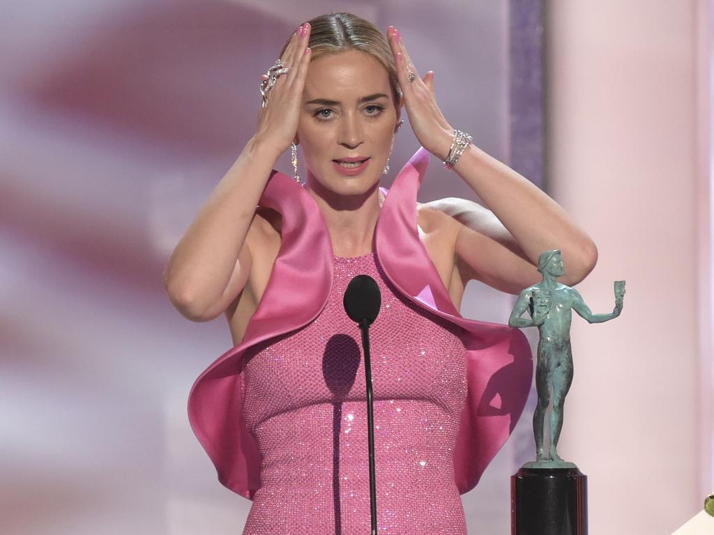 Emily Blunt was in shock as she accepted the award for best supporting female actress for A Quiet Place. Picture: Richard Shotwell/Invision/AP
